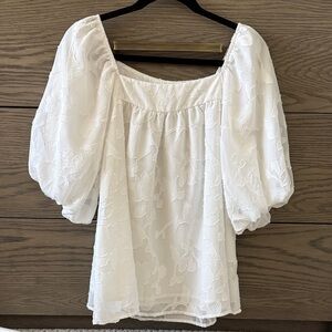 White Textured Puff Sleeve Blouse Size Small Sheer Floral Cottagecore Top